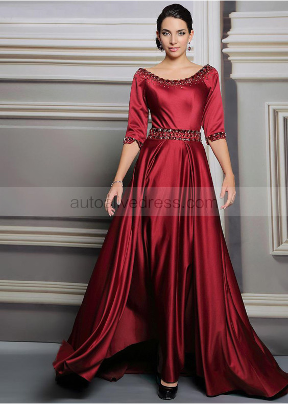 Beaded Burgundy Satin V Back Fabulous Evening Dress